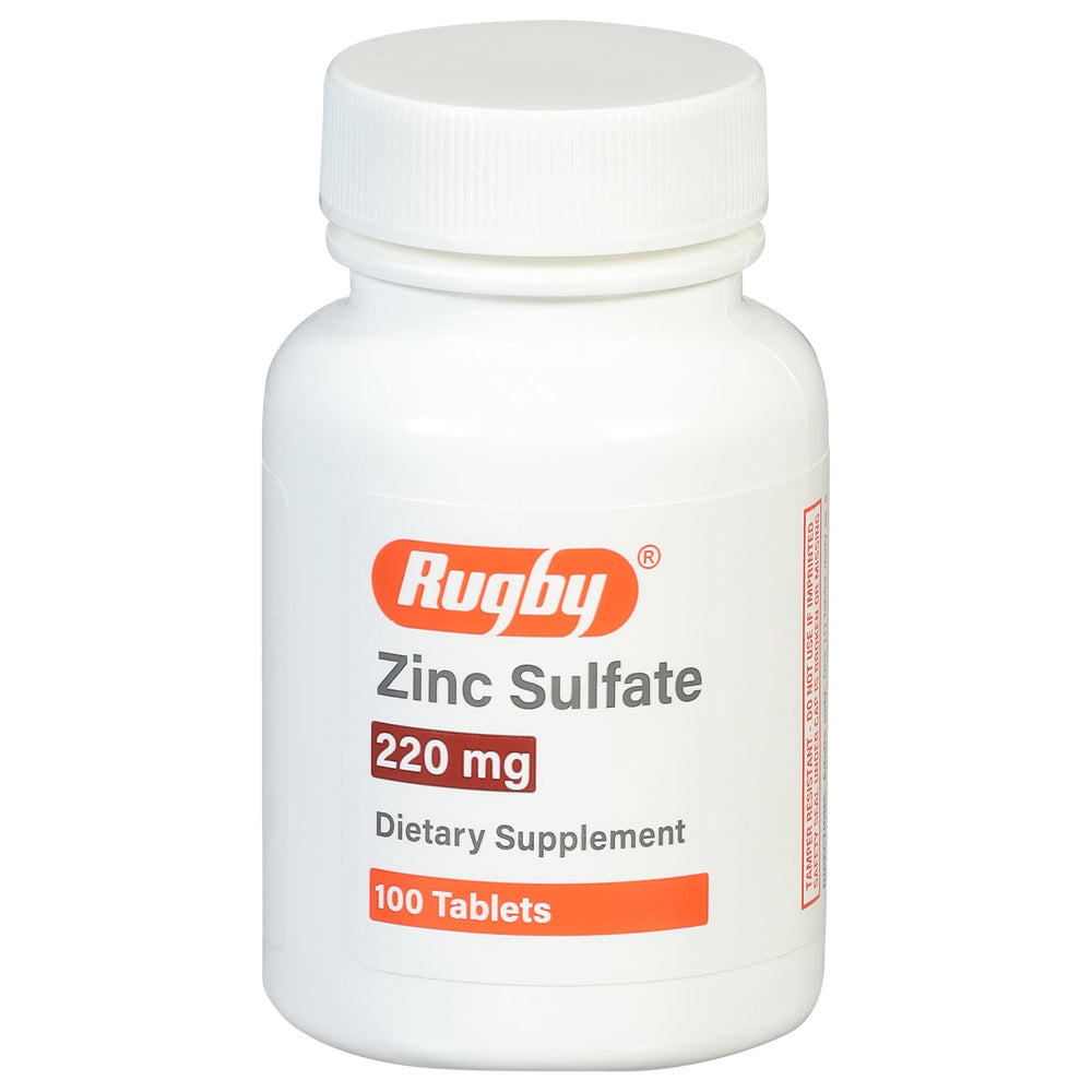 Rugby Laboratories zinc sulfate tablets bottle for daily dietary support.