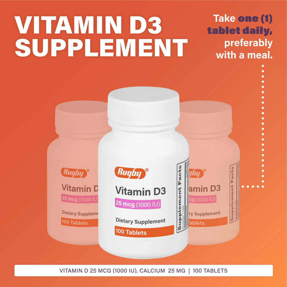 Rugby Labs D3 tablet closeup showing 25 mcg dosage.