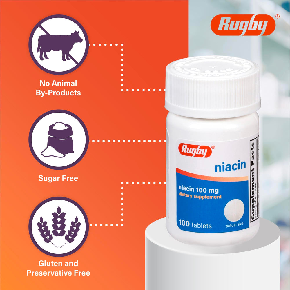 Rugby Niacin 100mg packaging close-up on bottle