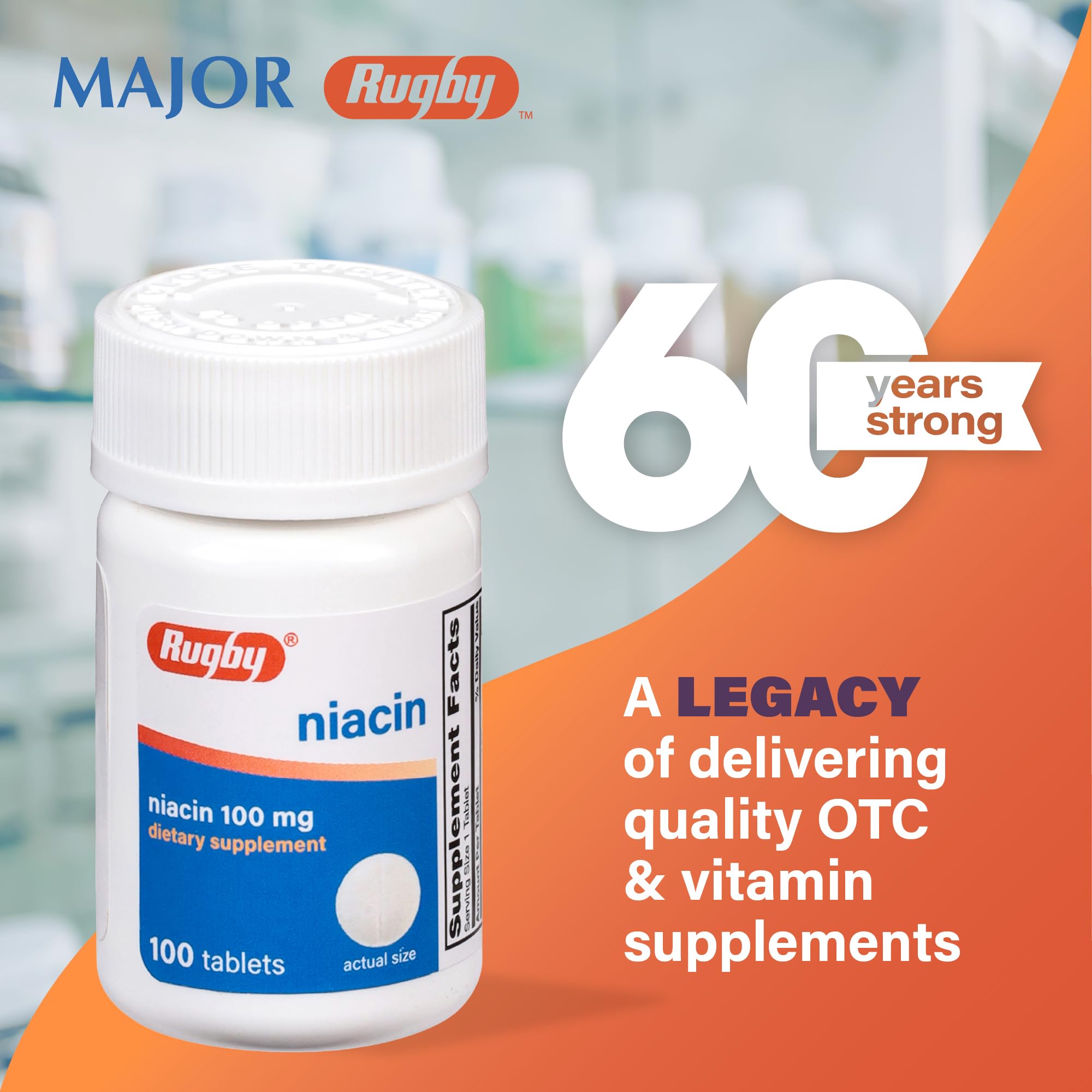 Rugby Niacin 100mg bottle with label highlighting gluten- and sugar-free features