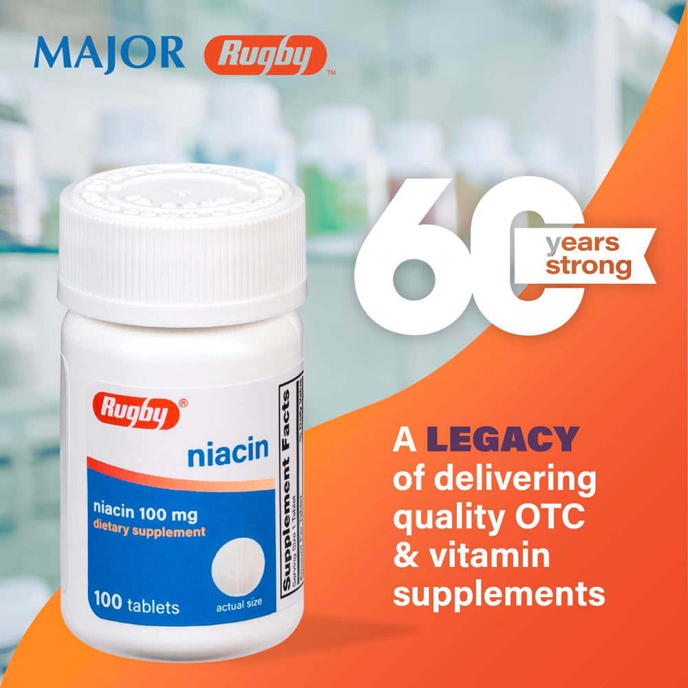 Rugby Niacin 100mg bottle with label highlighting gluten- and sugar-free features