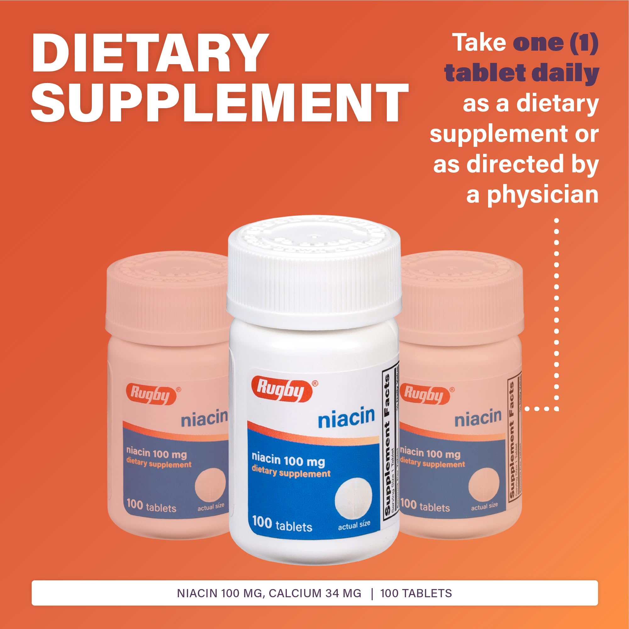 Rugby Niacin 100mg tablets daily-dose presentation showing one tablet per day
