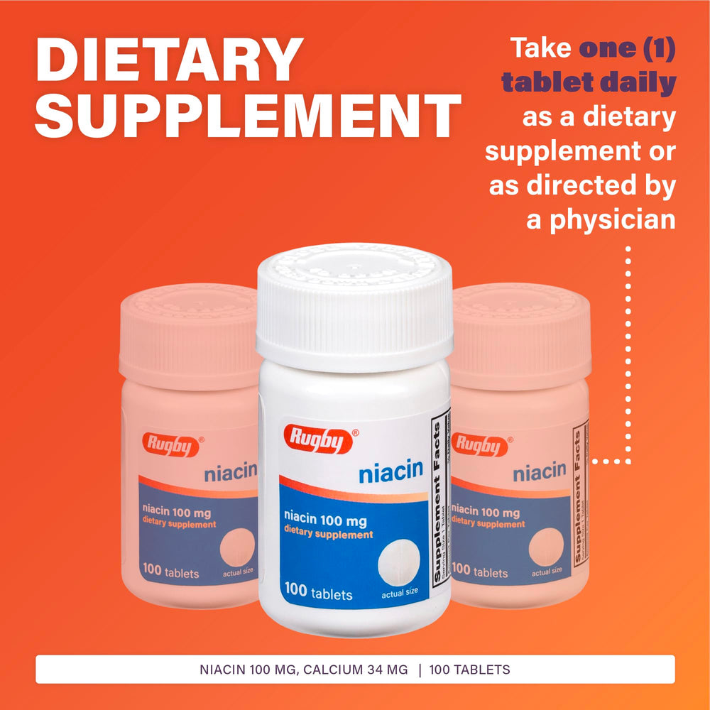 Rugby Niacin 100mg tablets daily-dose presentation showing one tablet per day