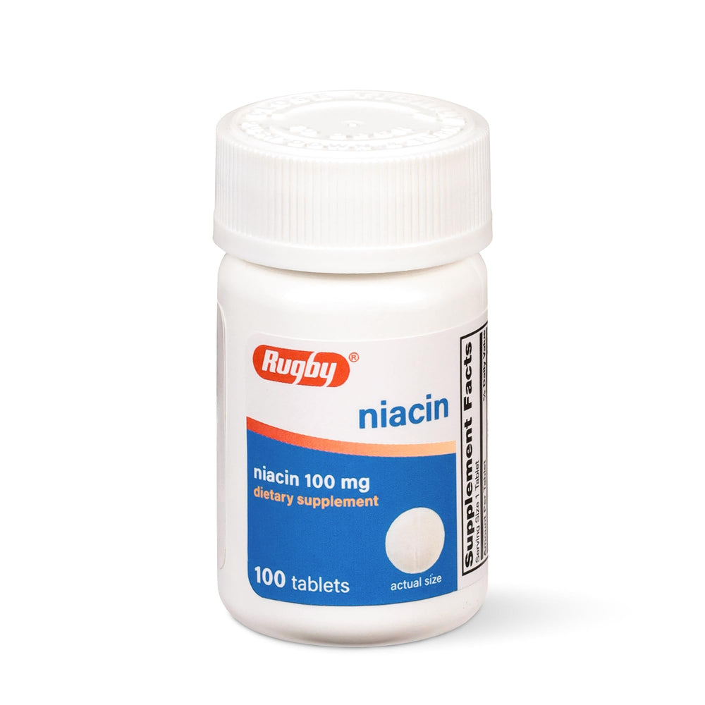 Rugby Niacin 100mg tablets front view for daily wellness