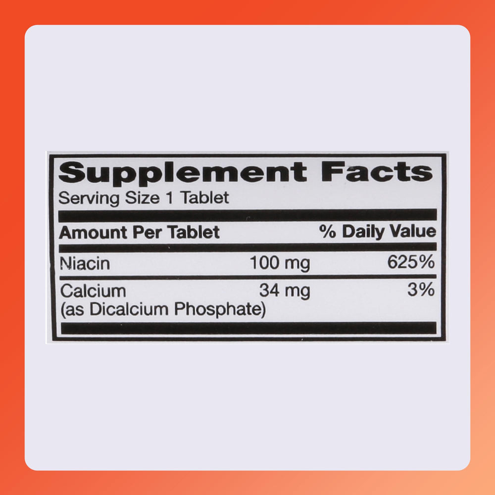 Rugby Niacin 100mg tablets sugar-free and gluten-free label on packaging