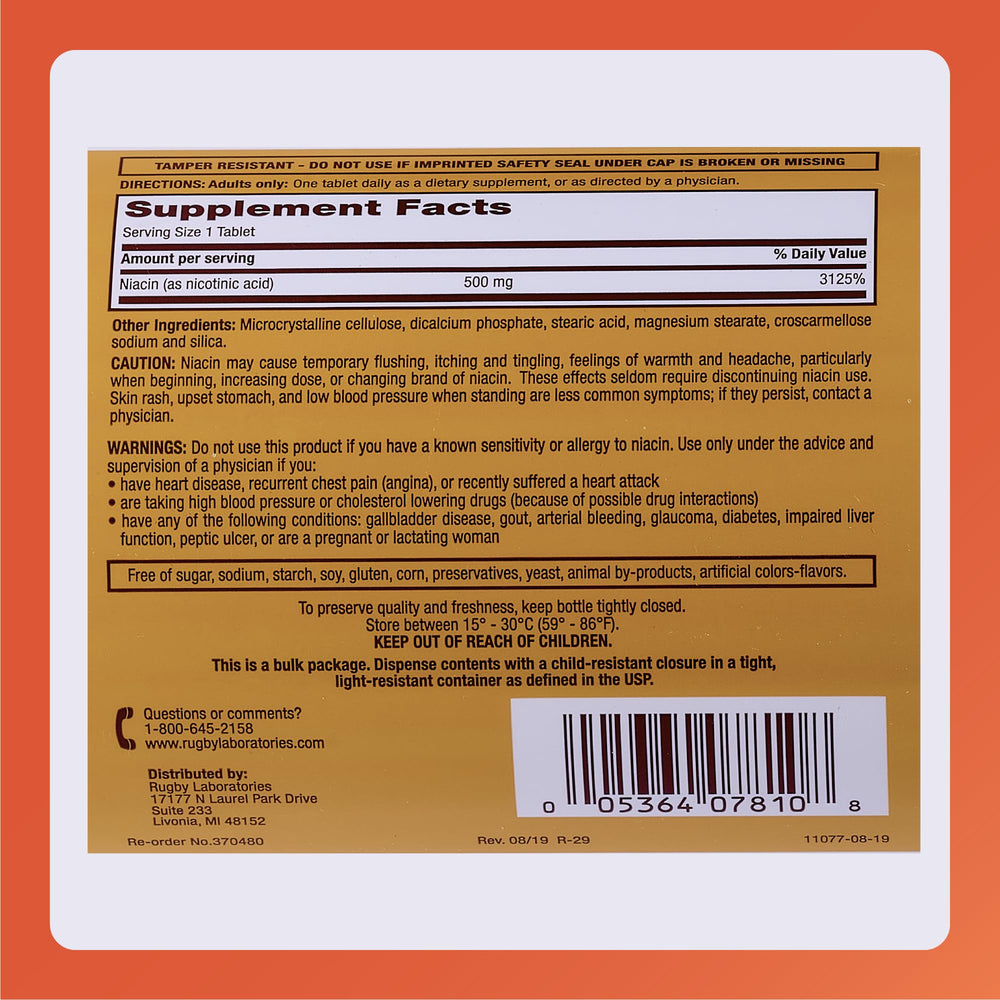 RUGBY Niacin 500mg box front with 1,000 tablets