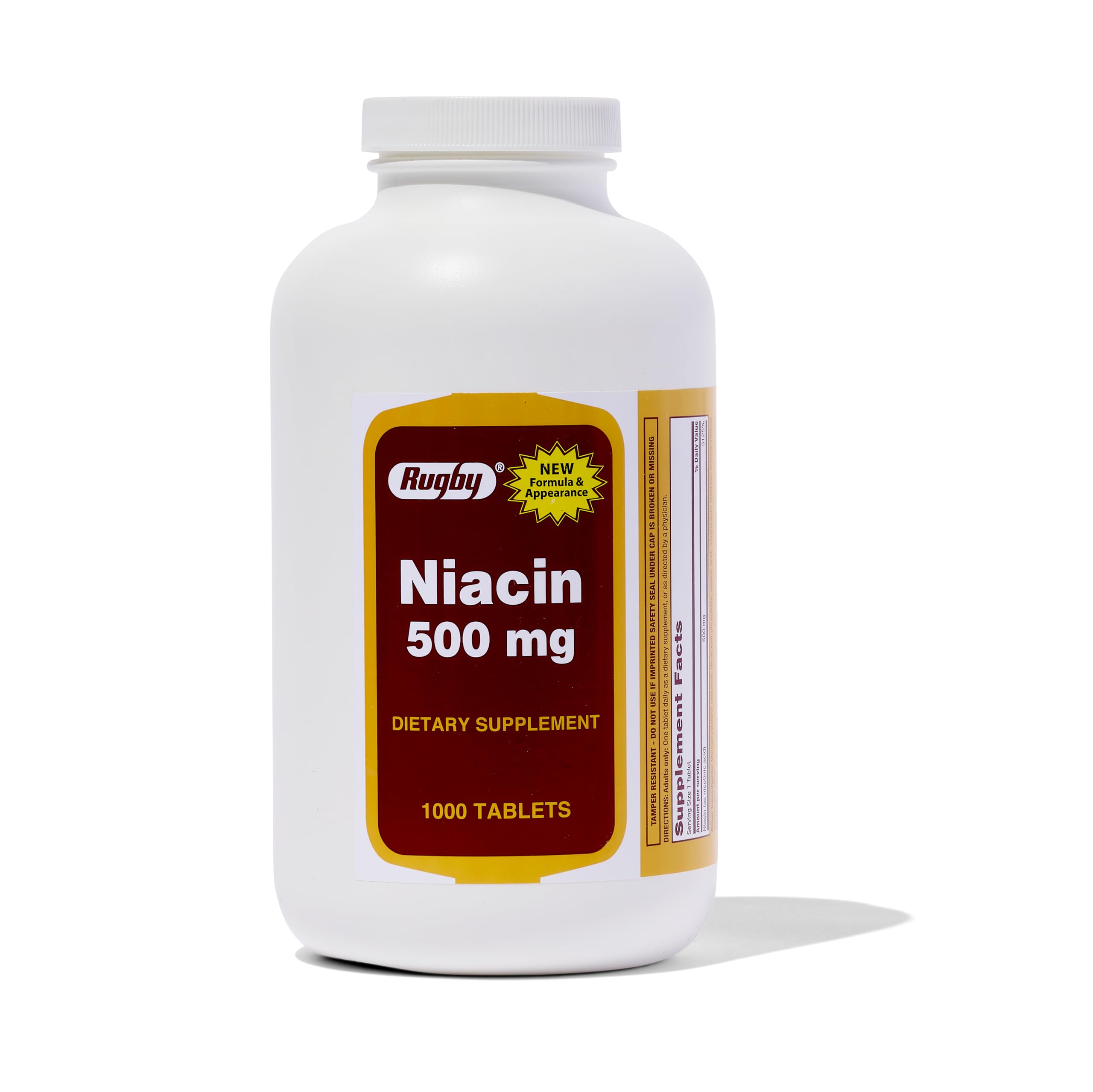 RUGBY Niacin 500mg bottle on counter ready for daily energy support