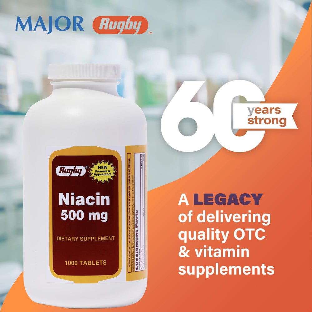 Close-up of Rugby Niacin 500mg tablets showing compact form