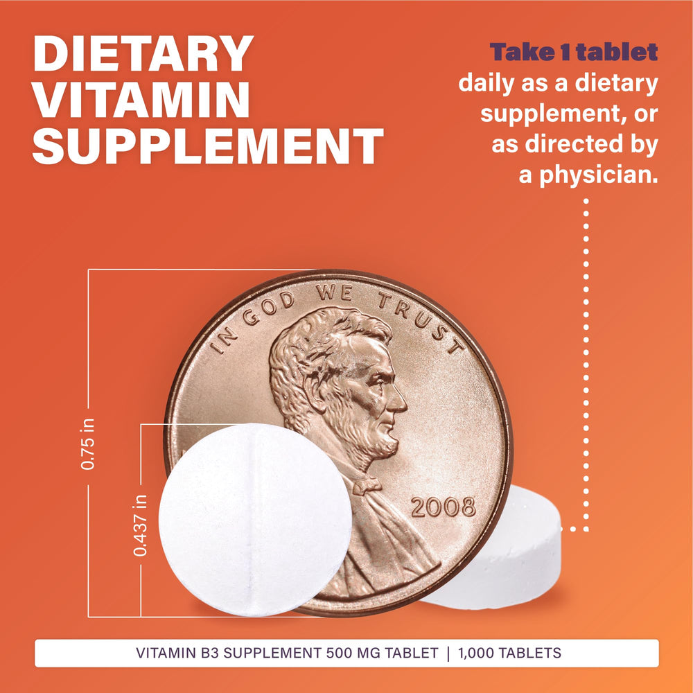 RUGBY Niacin 500mg tablets being poured into a hand for daily use