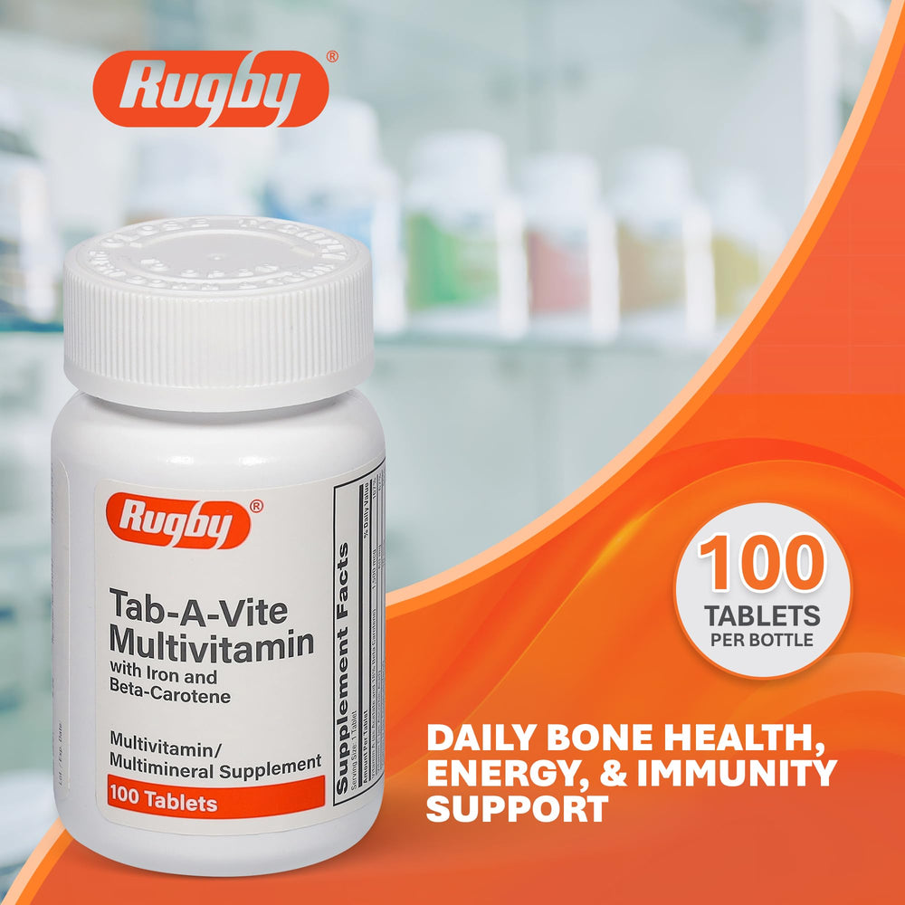 Rugby Tab-A-Vite bottle label highlights iron and B vitamins for daily nutrition.