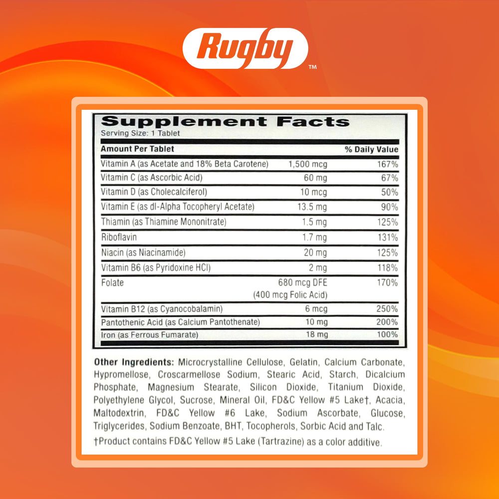 Rugby Tab-A-Vite bottle with fresh fruits and vegetables suggesting wholesome daily nourishment.