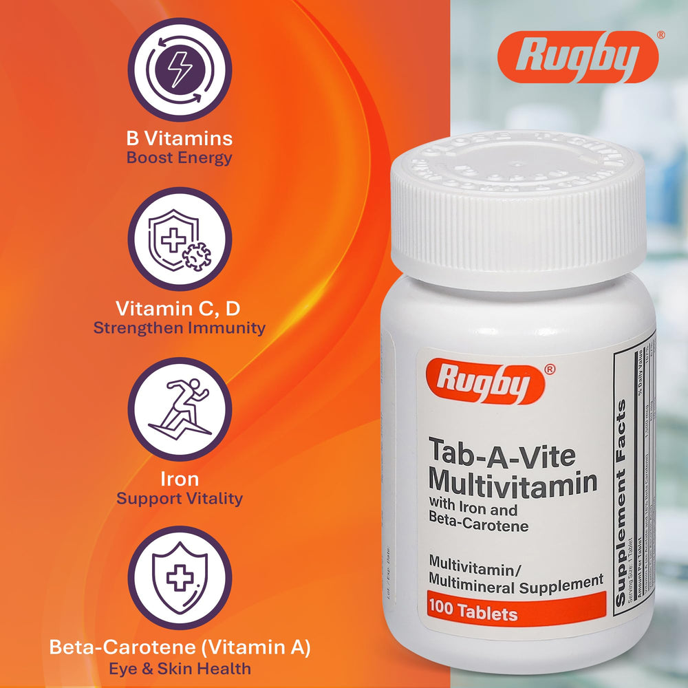 Rugby Tab-A-Vite beside a meal plate illustrating taking with meals.
