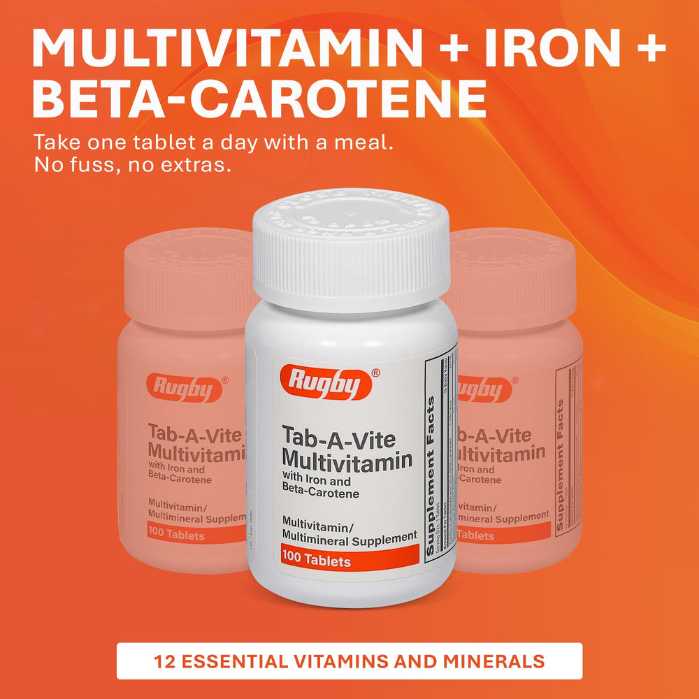 Rugby Tab-A-Vite tablets on a clean surface ready to take with meals.