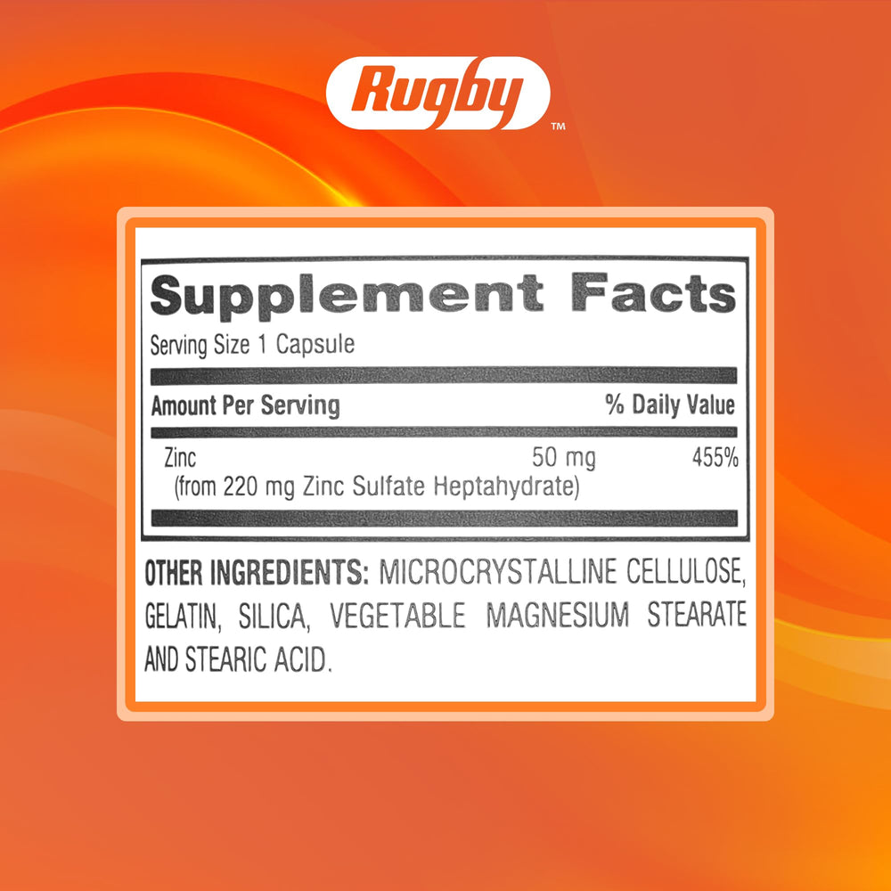 Rugby Zinc 50mg bottle being poured for daily use.