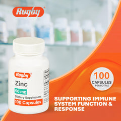 Rugby Zinc 50mg capsules closeup showing easy daily dosage.