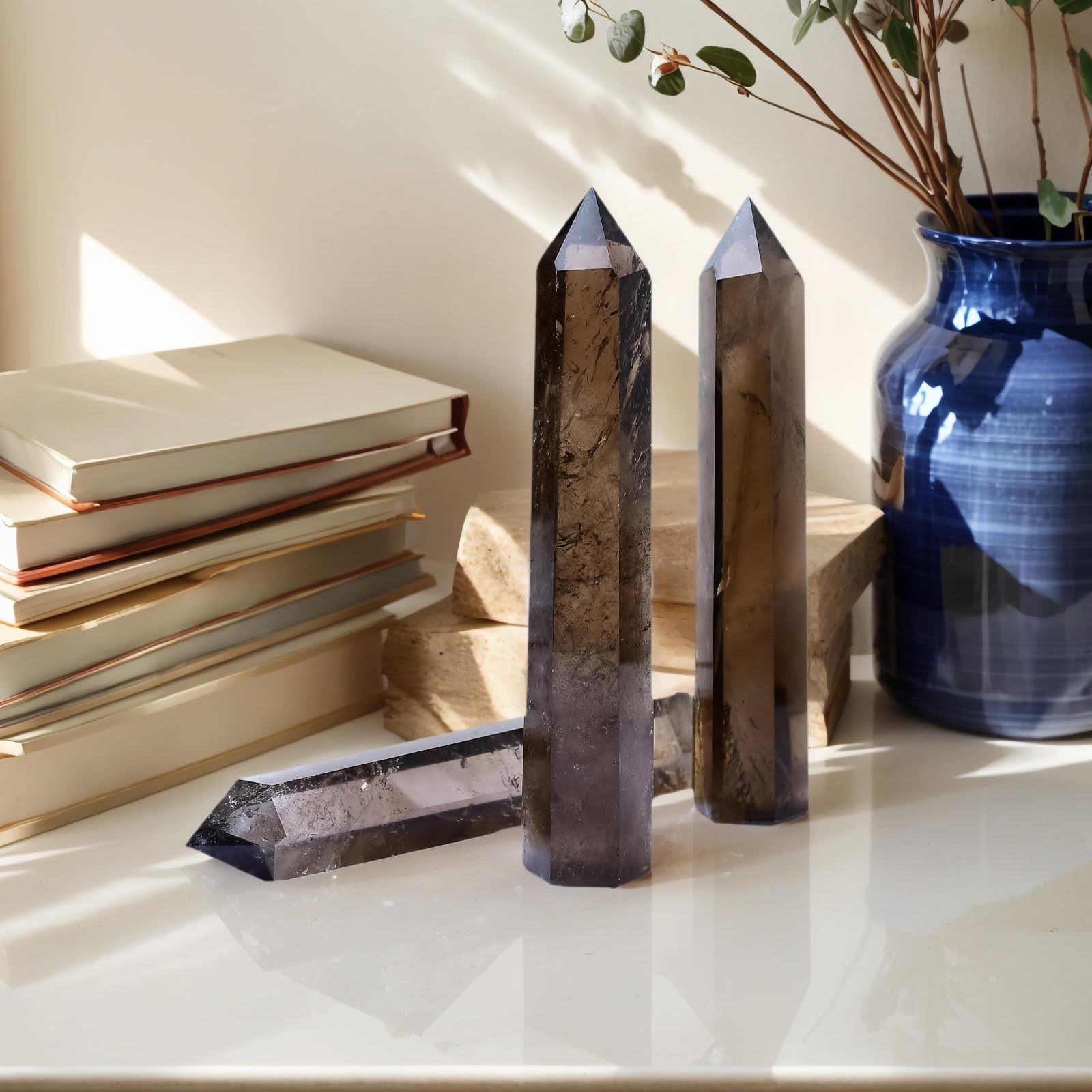 RUIJINGYUAN smoky quartz tower in meditation space enhances serene ambiance