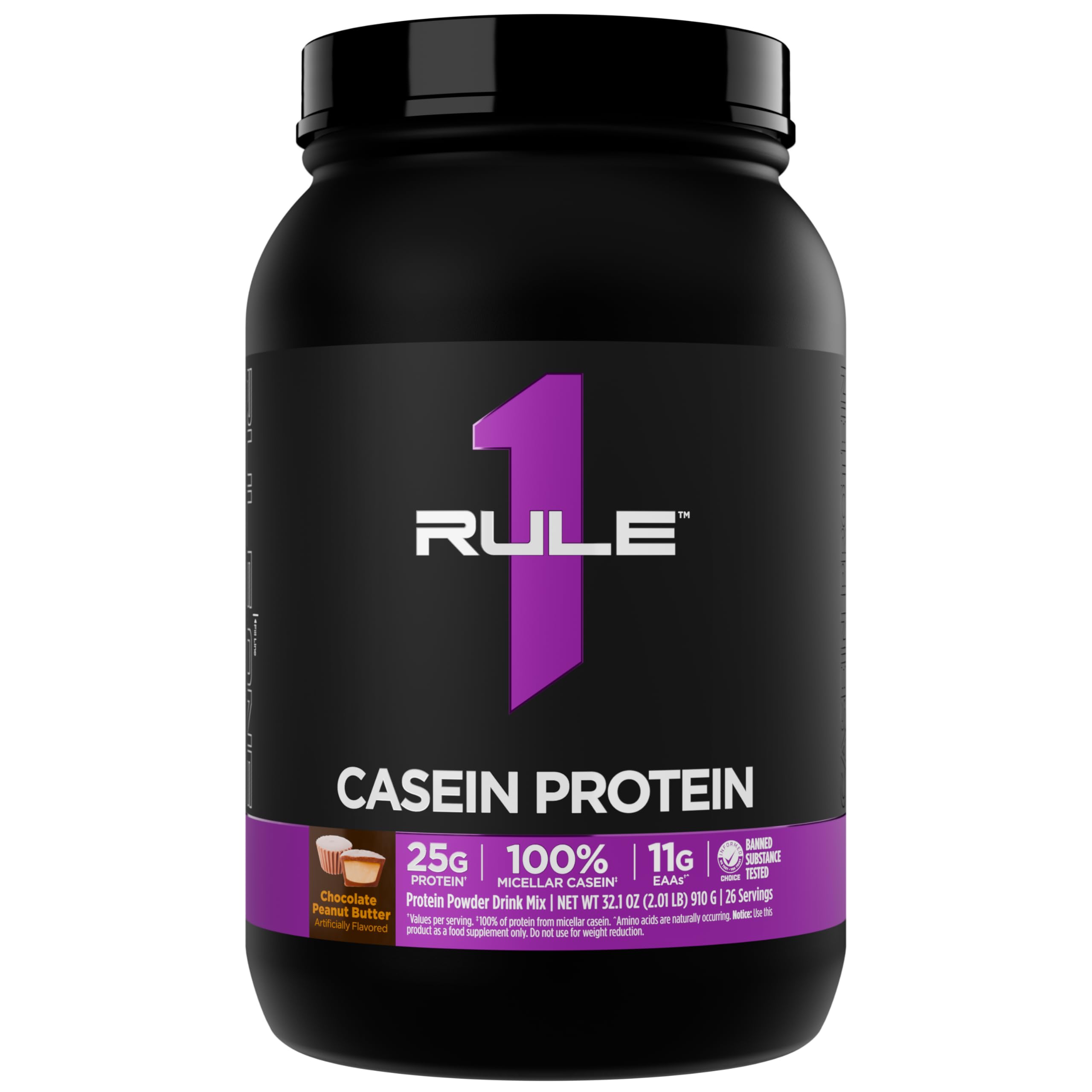 Rule 1 Casein Protein bottle front label showing 25g per serving.