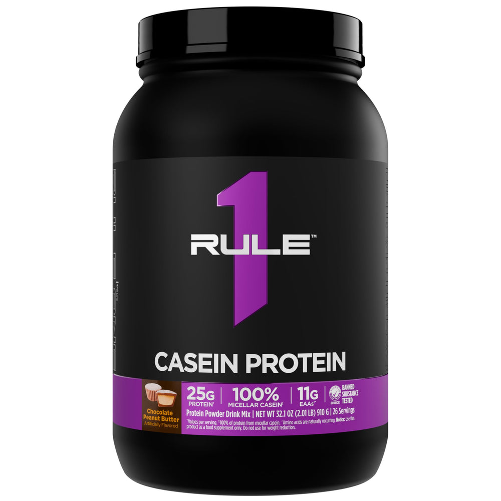 Rule 1 Casein Protein bottle front label showing 25g per serving.