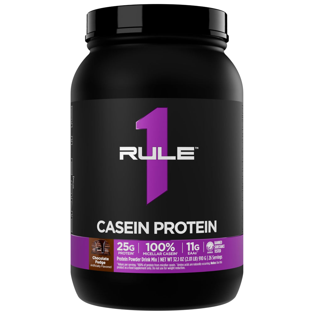 Rule 1 Casein Protein bottle front with Chocolate Fudge flavor for nightly nutrition