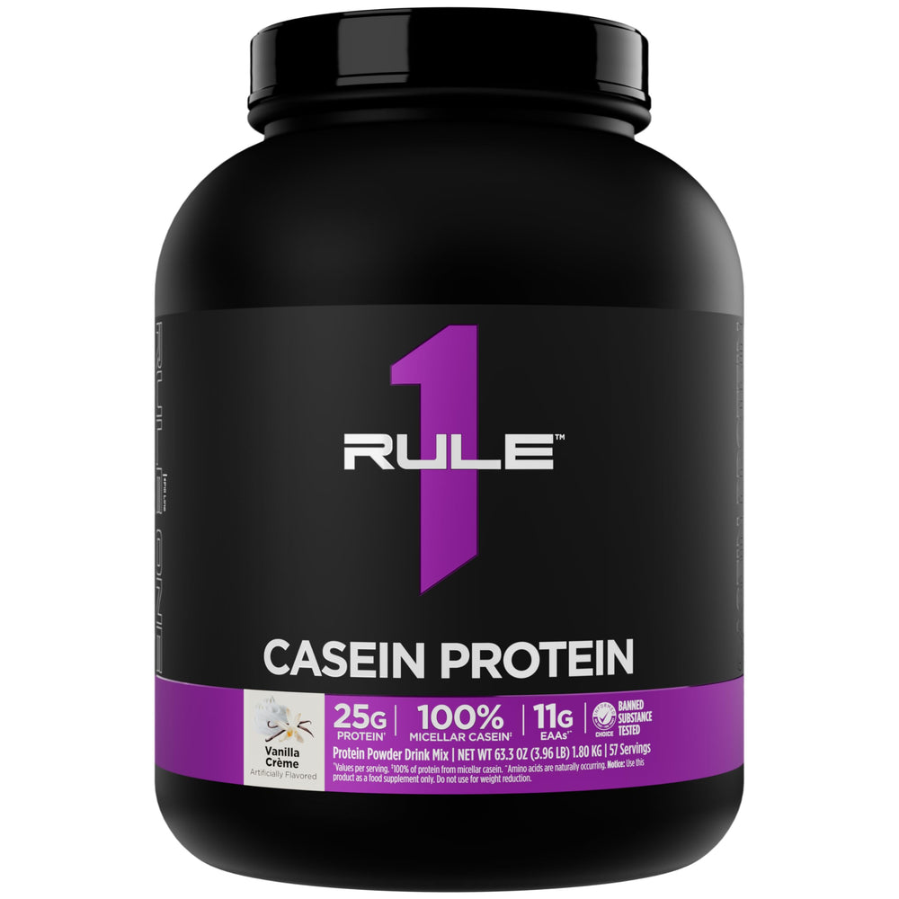 Rule 1 Casein Protein Vanilla Creme bottle pour supports overnight amino acid delivery