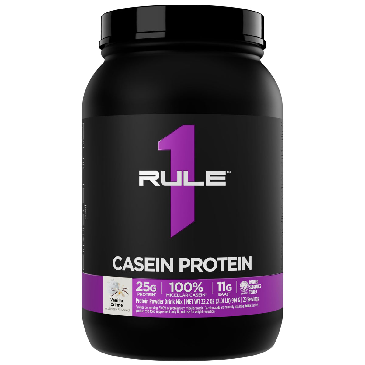 Rule 1 Casein Protein Vanilla Creme bottle ready for slow-release night-time recovery.