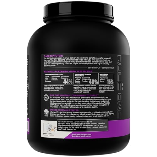Rule 1 Casein Protein Vanilla Creme scoop dispense shows convenient bedtime serving