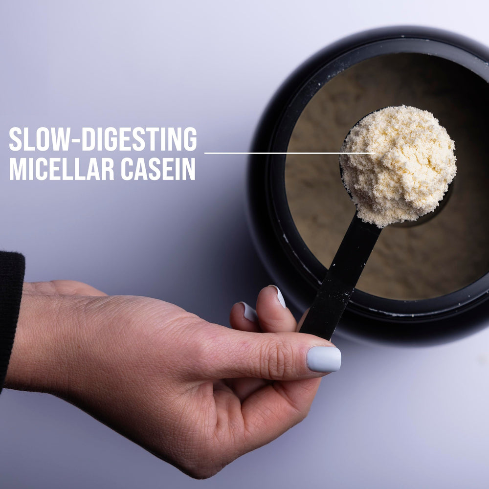 Rule 1 Casein Protein Vanilla Creme glass poured with milk for quick serving.