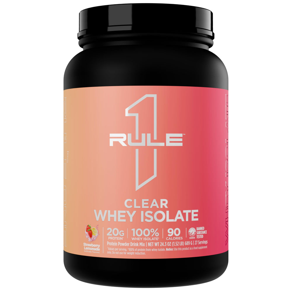 Rule 1 Clear Whey Isolate bottle pour for a refreshing post-workout drink.