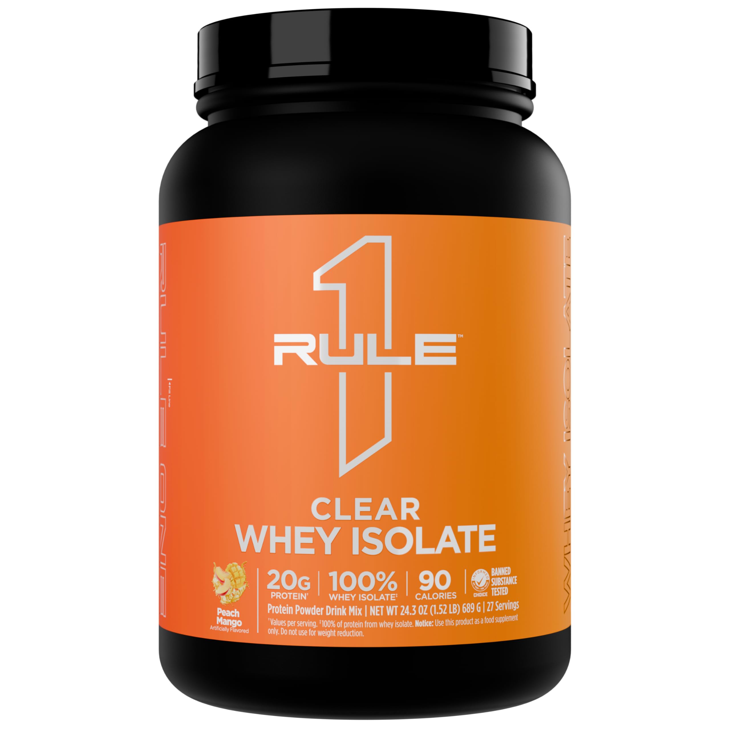 Rule 1 Clear Whey Isolate peach mango bottle highlights a crisp, low-sugar protein option.