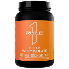 Rule 1 Clear Whey Isolate peach mango bottle highlights a crisp, low-sugar protein option.