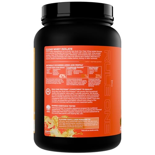 Rule 1 Clear Whey Isolate peach mango glass emphasizes hydrating protein drink.