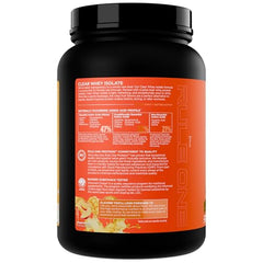 Rule 1 Clear Whey Isolate peach mango glass emphasizes hydrating protein drink.