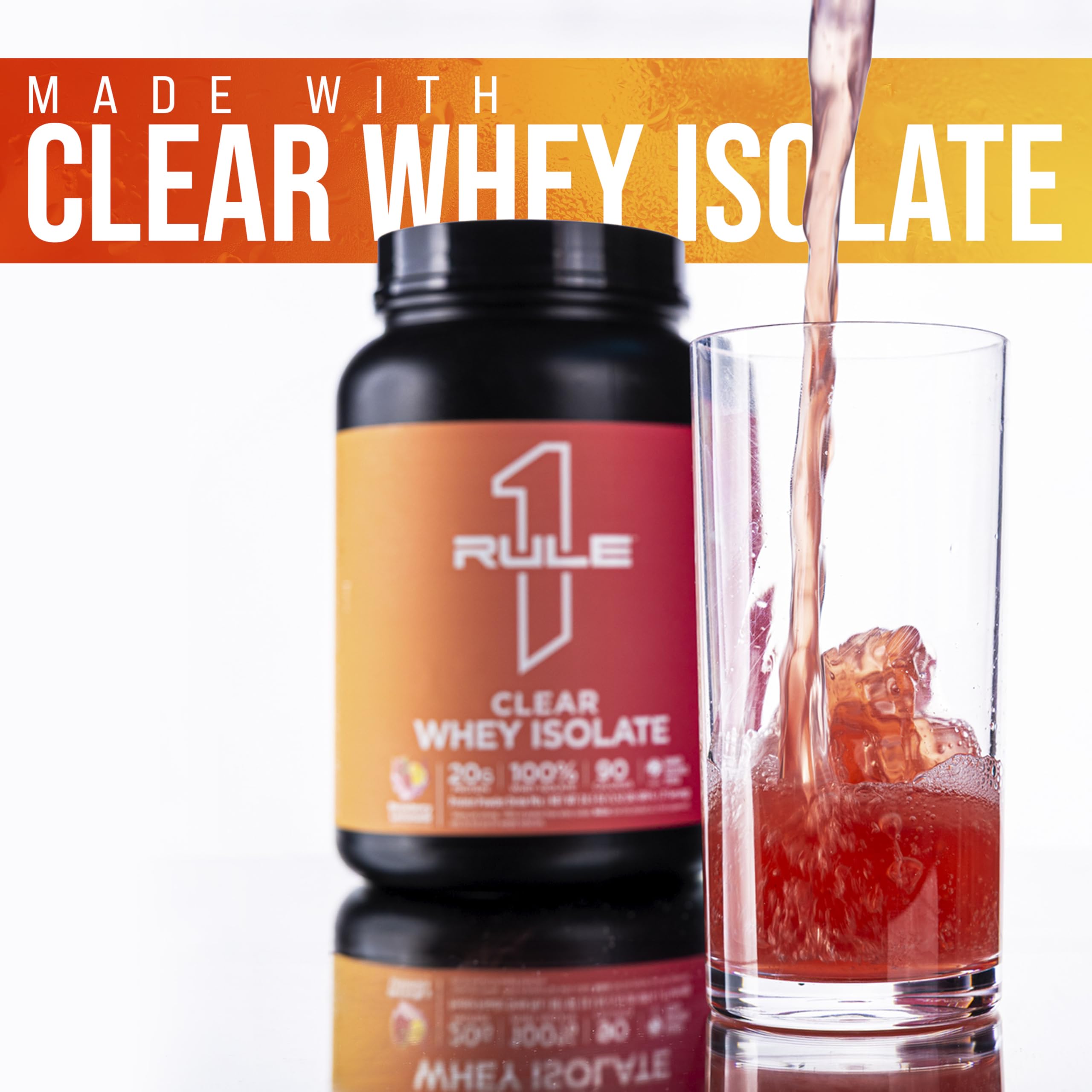 Rule 1 Clear Whey Isolate post-workout bottle illustrates quick hydration and recovery potential.