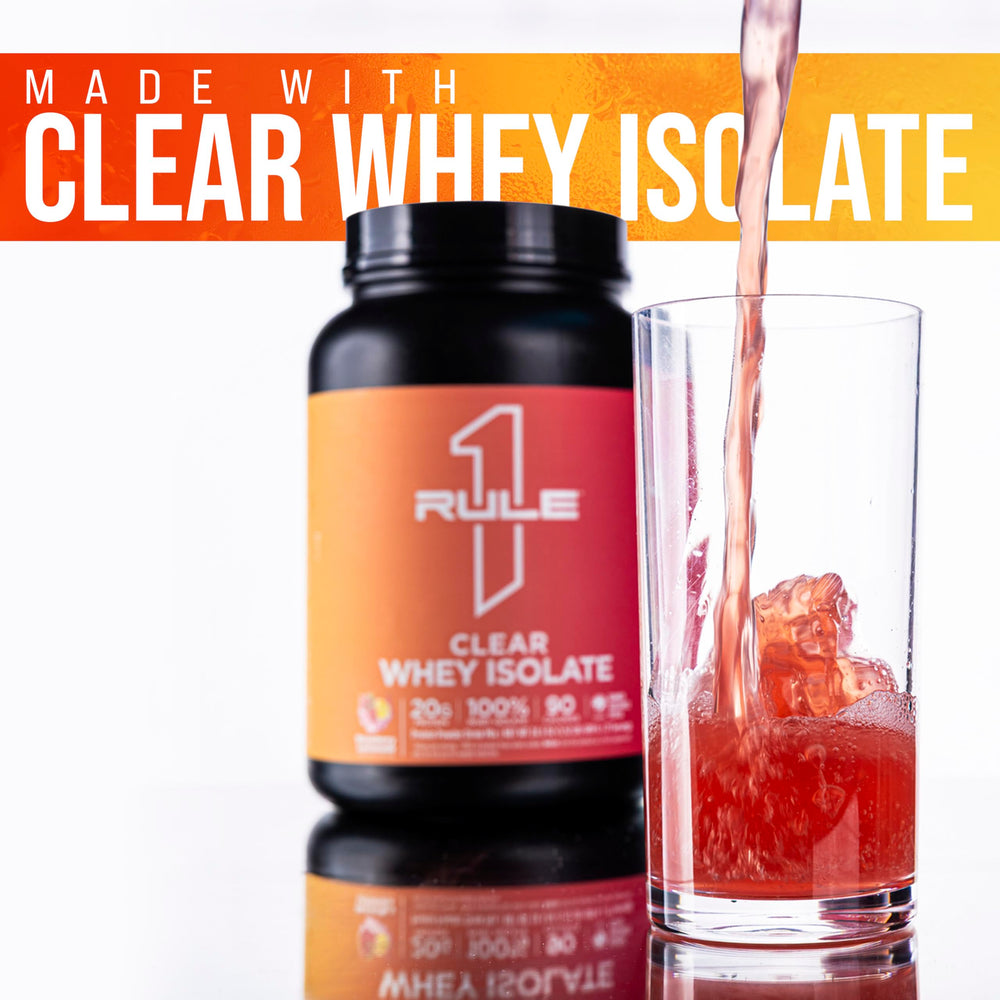 Rule 1 Clear Whey Isolate post-workout bottle illustrates quick hydration and recovery potential.