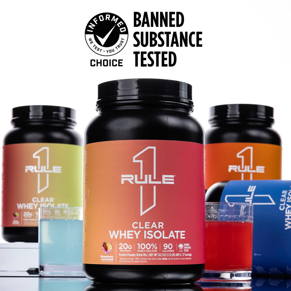 Rule 1 Clear Whey Isolate refreshing hydration with electrolytes and fast-acting protein post-session.