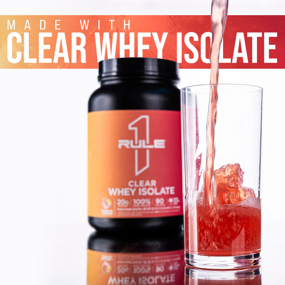Rule 1 Clear Whey Isolate strawberry-lemonade flavor evokes refreshing taste during workouts.