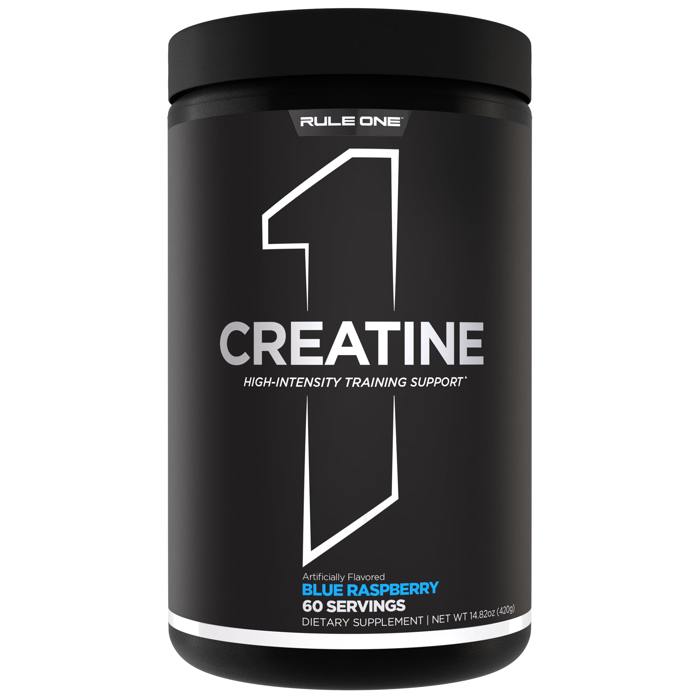 Rule 1 Creatine Powder blue raspberry bottle shows 5 g serving for workouts.