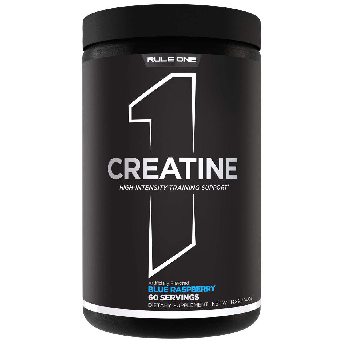 Rule 1 Creatine Powder blue raspberry bottle shows 5 g serving for workouts.