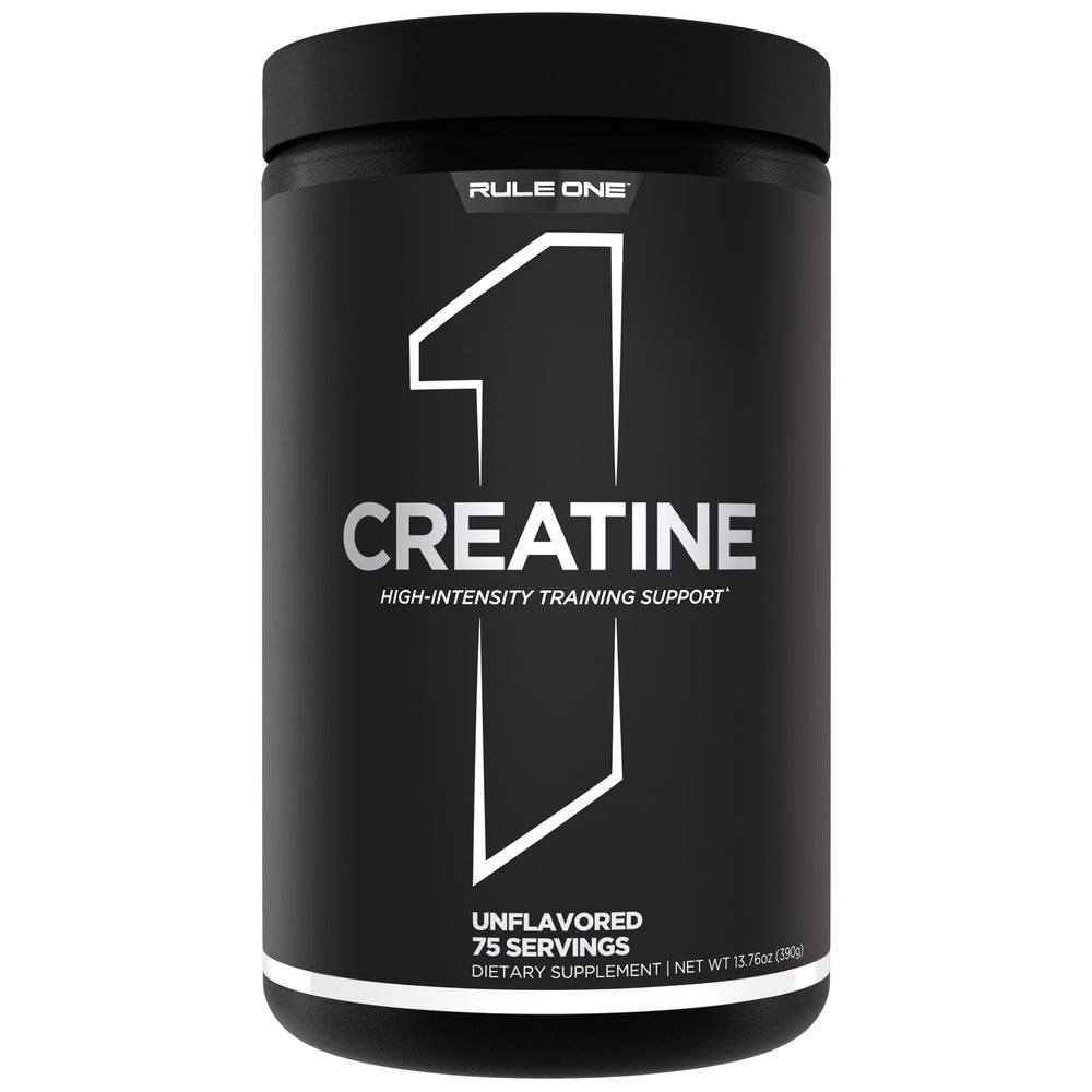 Rule 1 Creatine bottle with scoop ready for quick pre-workout mix.