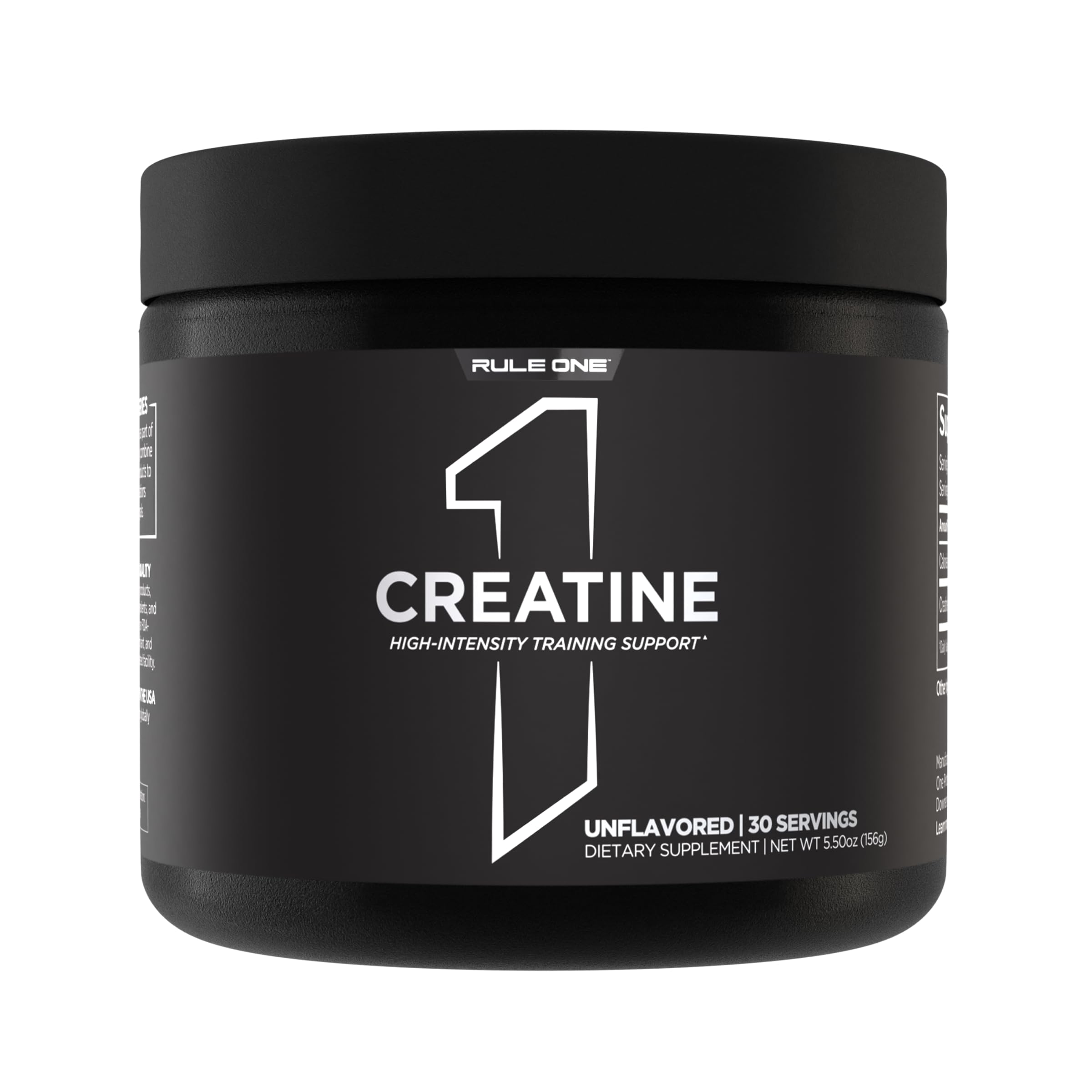Rule 1 Creatine Powder bottle highlights pure micronized creatine for high-intensity training.