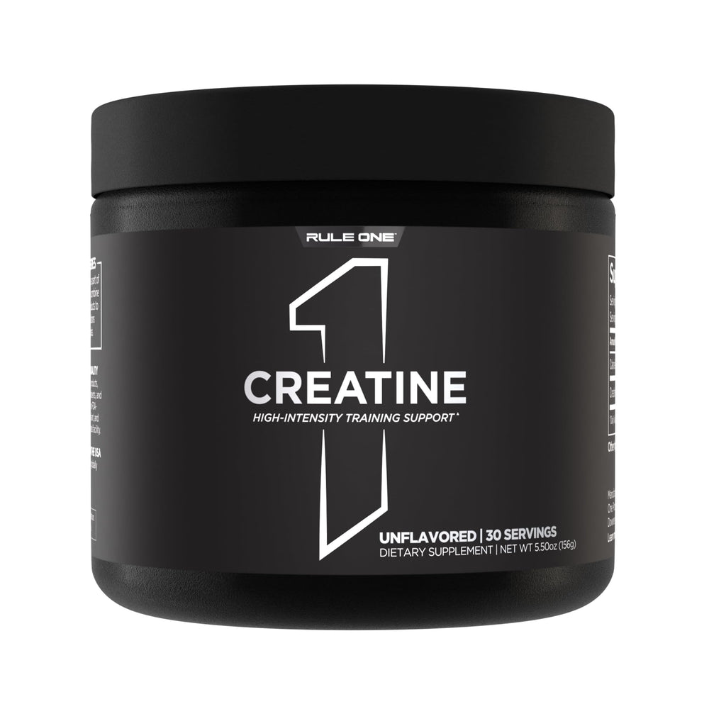Rule 1 Creatine Powder bottle highlights pure micronized creatine for high-intensity training.