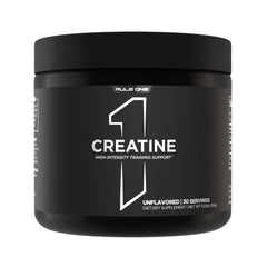 Rule 1 Creatine Powder bottle highlights pure micronized creatine for high-intensity training.