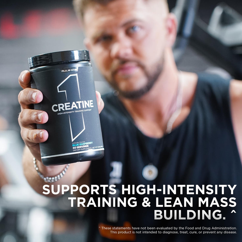Rule 1 Creatine Powder fruit punch flavor bottle close-up highlighting flavor option.