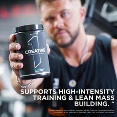 Rule 1 Creatine Powder fruit punch flavor bottle close-up highlighting flavor option.