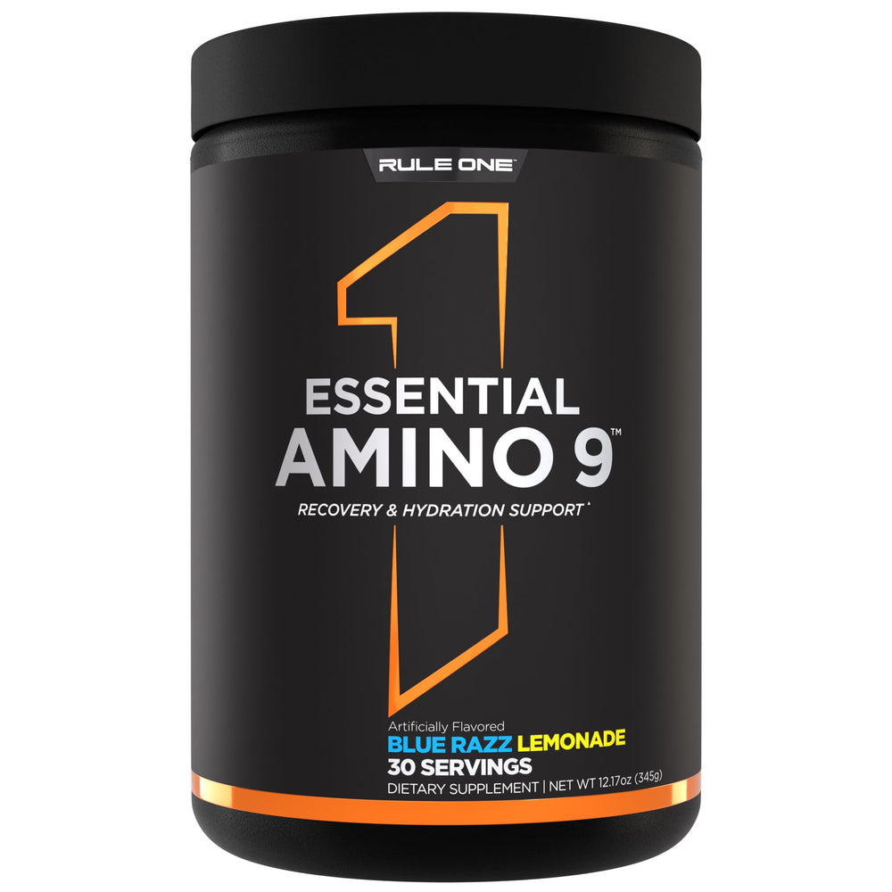 Rule 1 Essential Amino 9 bottle shows blue label and recovery cues