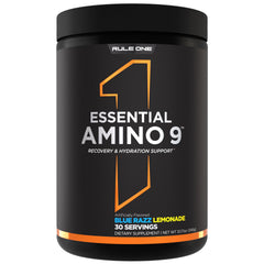 Rule 1 Essential Amino 9 bottle shows blue label and recovery cues