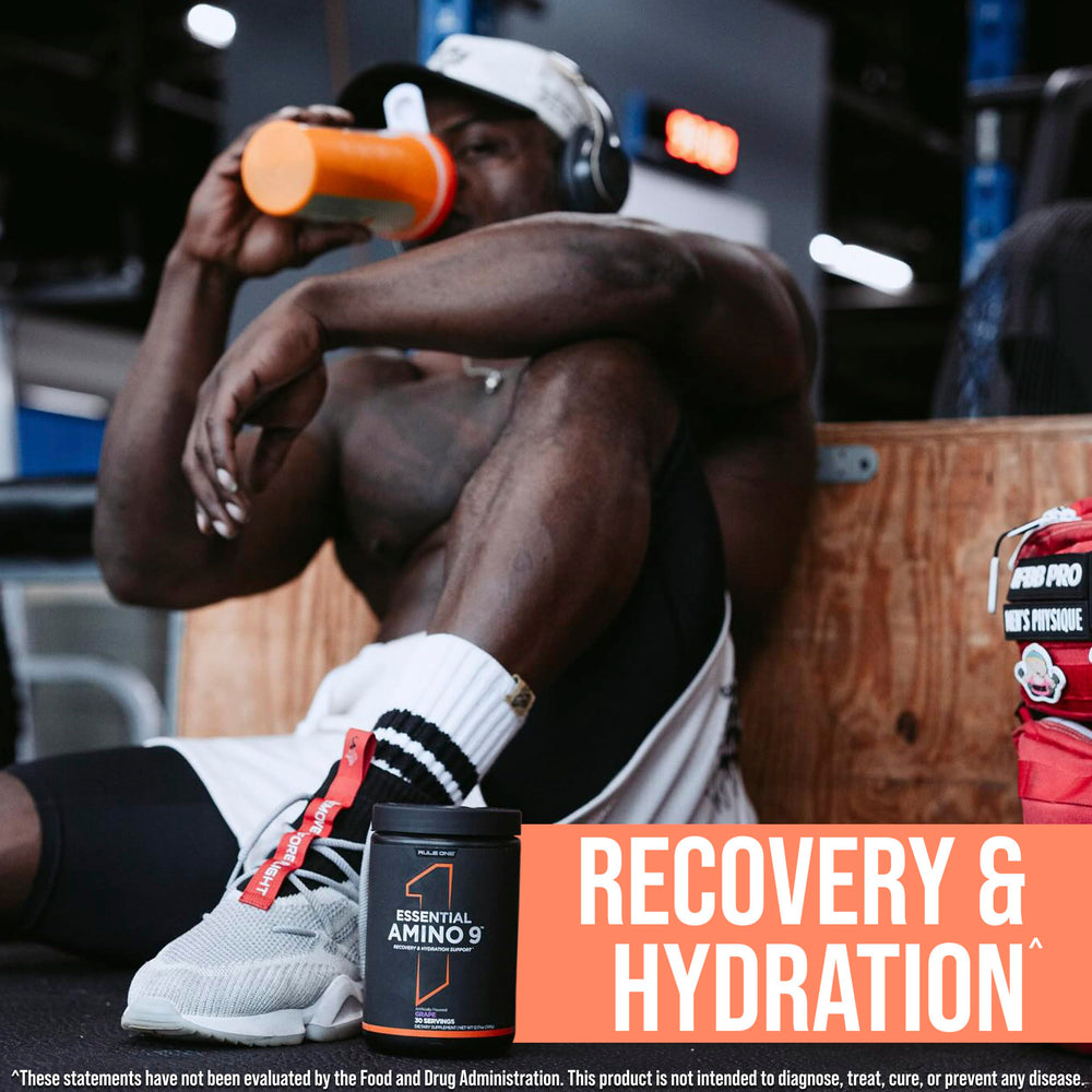 Rule 1 Essential Amino 9 bottle on gym mat signals recovery