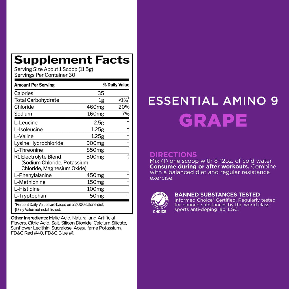 Rule 1 Essential Amino 9 glass with ice for refreshing post-workout hydration.