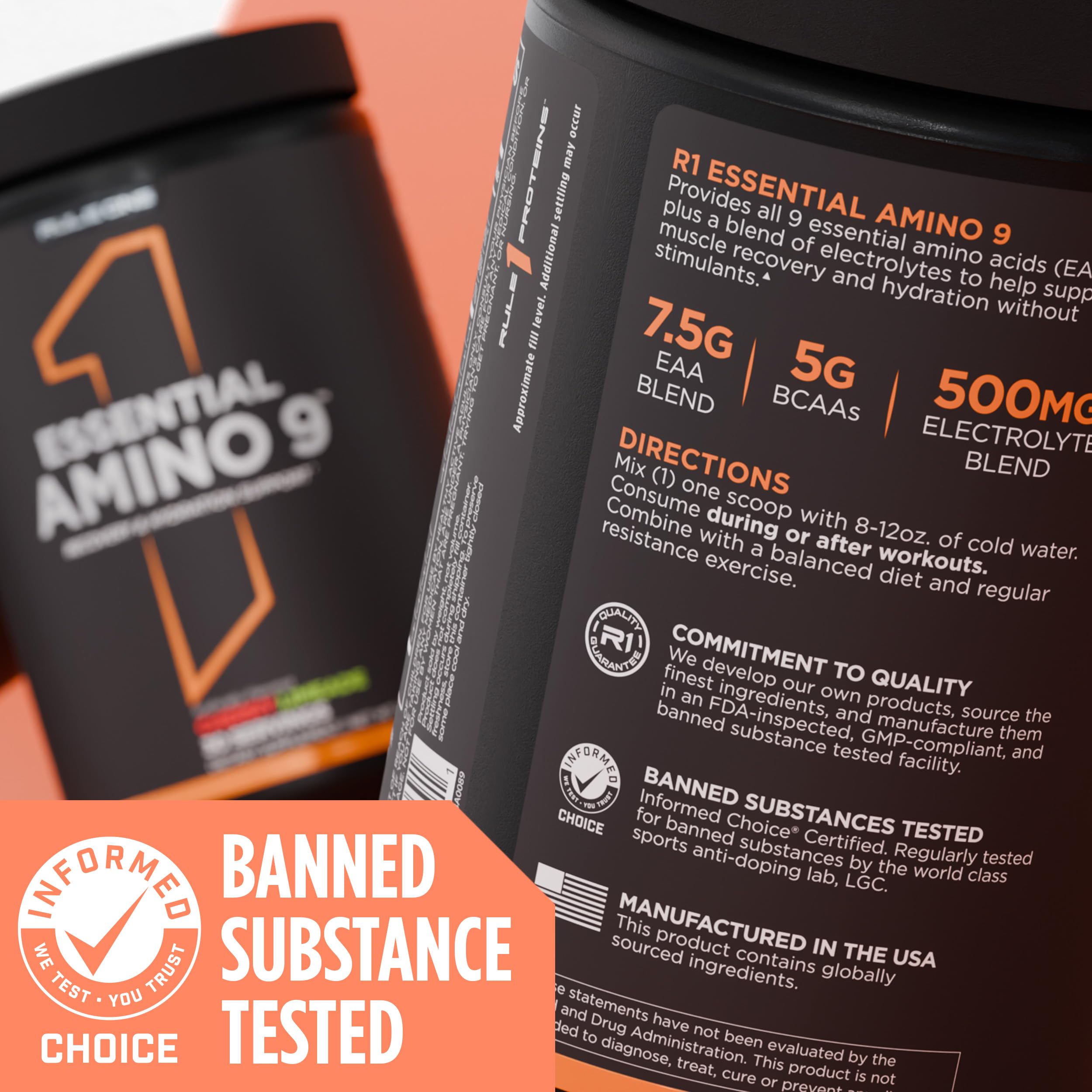 Rule 1 Essential Amino 9 ingredient spotlight on packaging and purity.