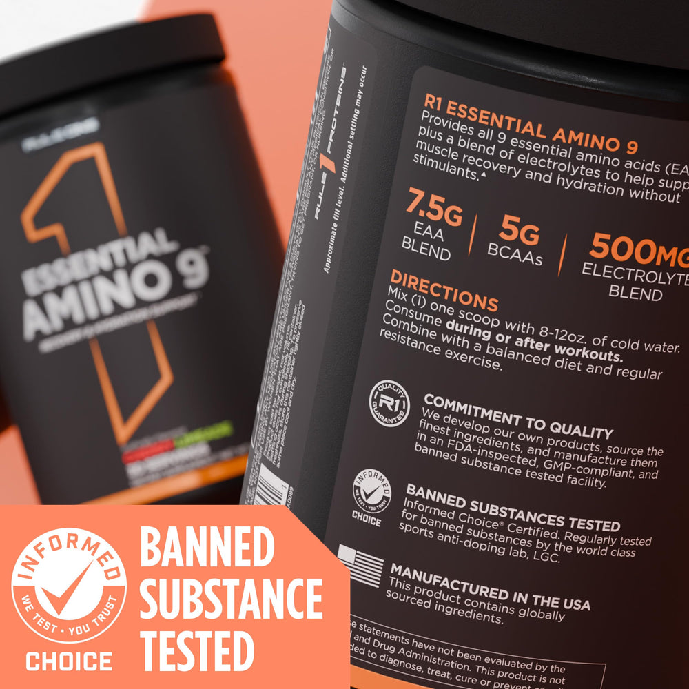 Rule 1 Essential Amino 9 ingredient spotlight on packaging and purity.